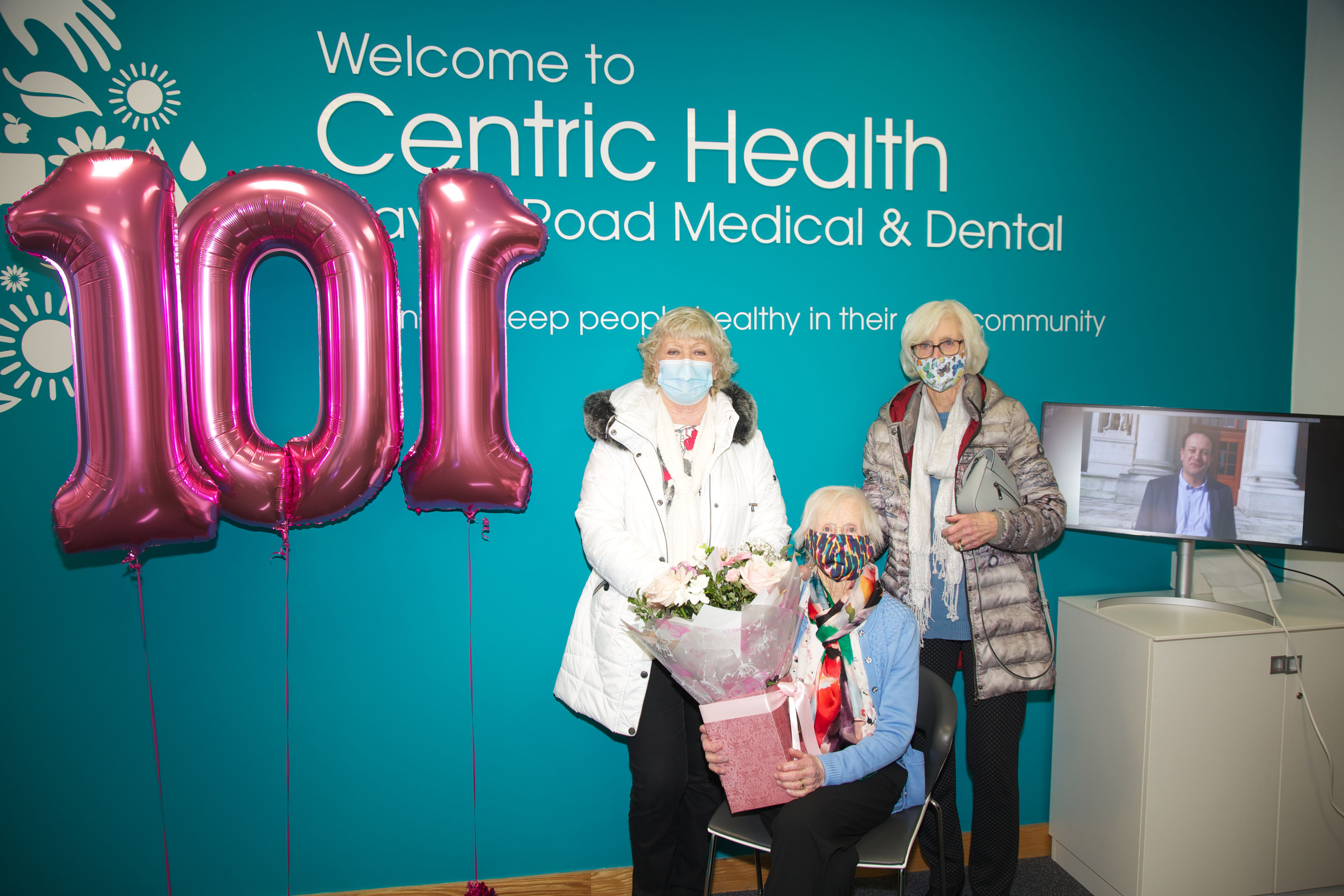 Centenarian Mary Kelly, celebrating her 101st birthday today, at Navan Road Medical had a surprise Birthday address from Tanaiste Leo Varadkar while receiving her first Covid 19 vaccine (1)